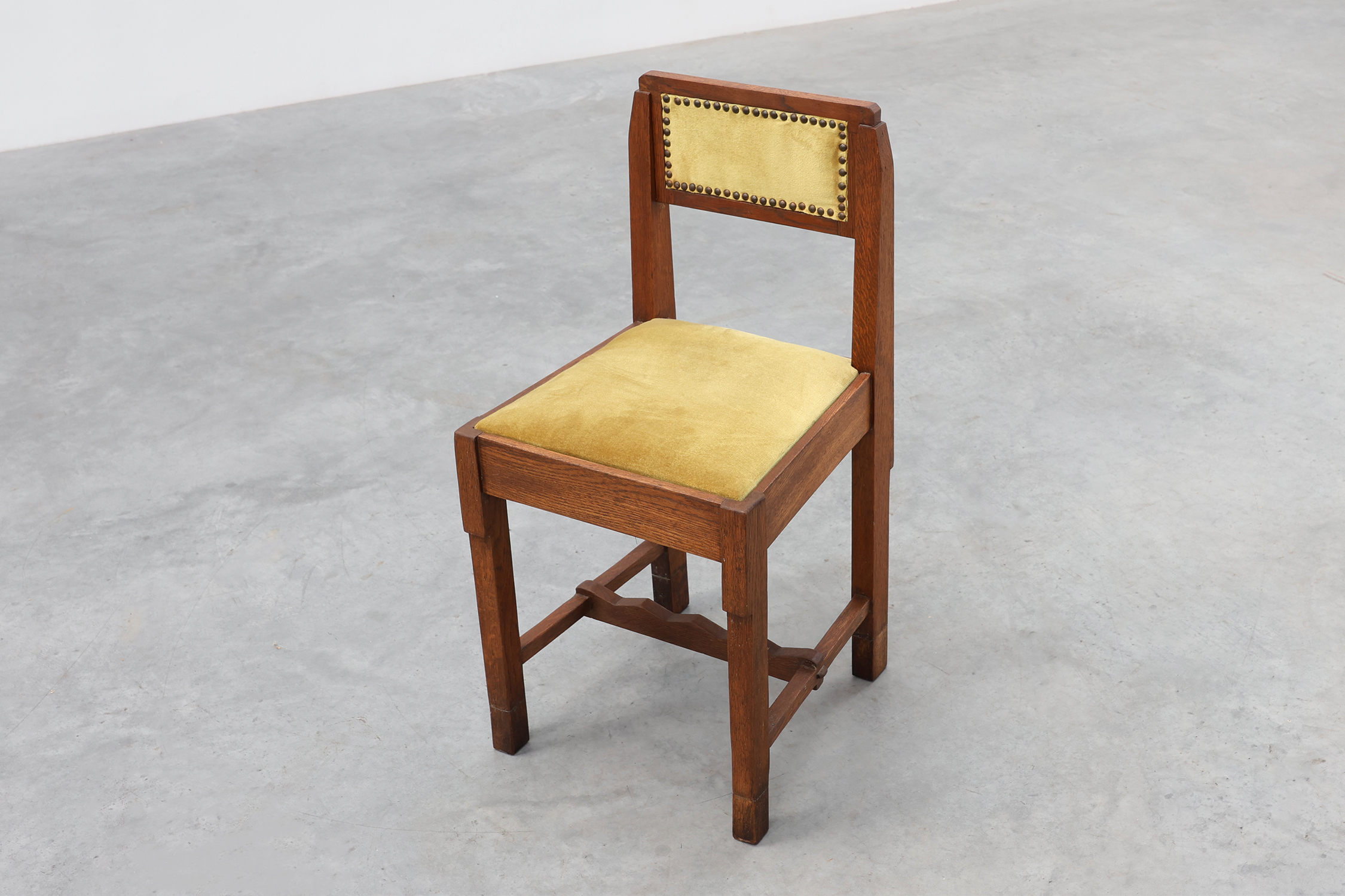 Belgian Art Deco Oak Side Chair with Yellow Upholstery, 1920sthumbnail